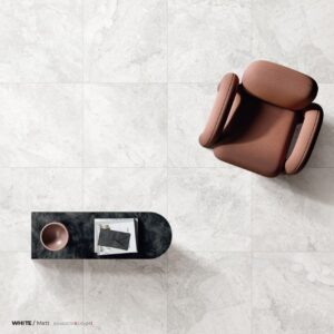 Dreamy White marble-look porcelain floor tiles installed in a contemporary living space