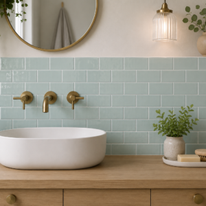 Artis Sea Green gloss subway wall tile with soft sea-green colouring