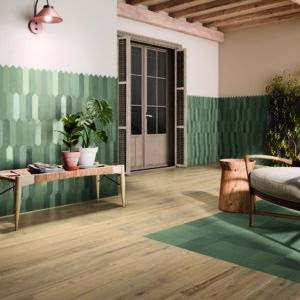 Contemporary Forest matt green picket tiles installed on a feature wall, showcasing rich natural tones and a modern elongated design.