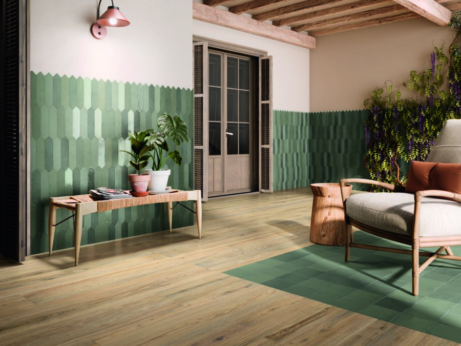 Contemporary Forest matt green picket tiles installed on a feature wall, showcasing rich natural tones and a modern elongated design.