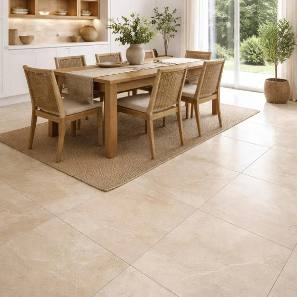 Caprera Nutmeg stone-look porcelain tile with warm beige tones and subtle natural veining