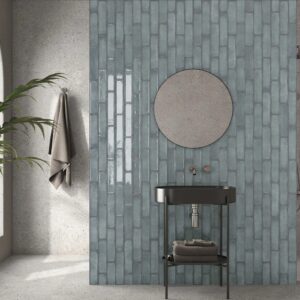 Iris Aquamarina glossy blue-green subway tiles with handcrafted Spanish glaze effect