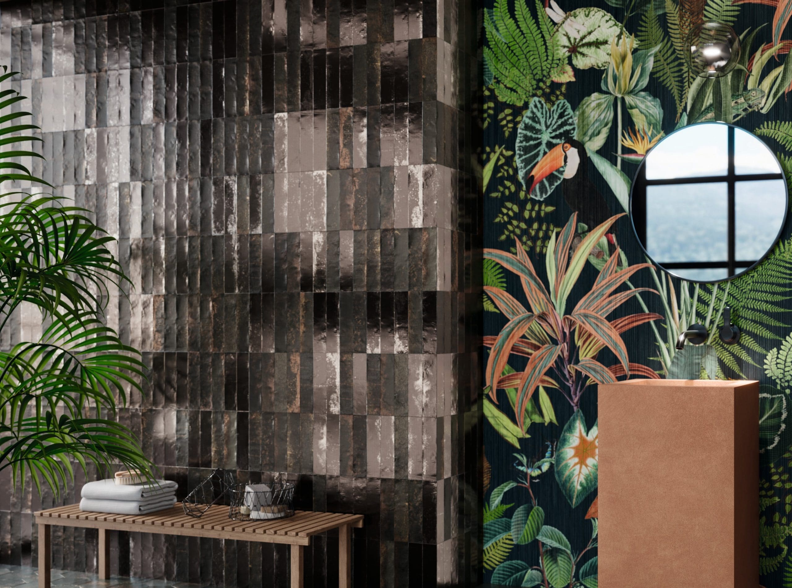 Magnetism Graphite metallic-look matt ceramic wall tile 63x250mm installed as a contemporary feature wall with deep graphite tones and subtle metallic variation.
