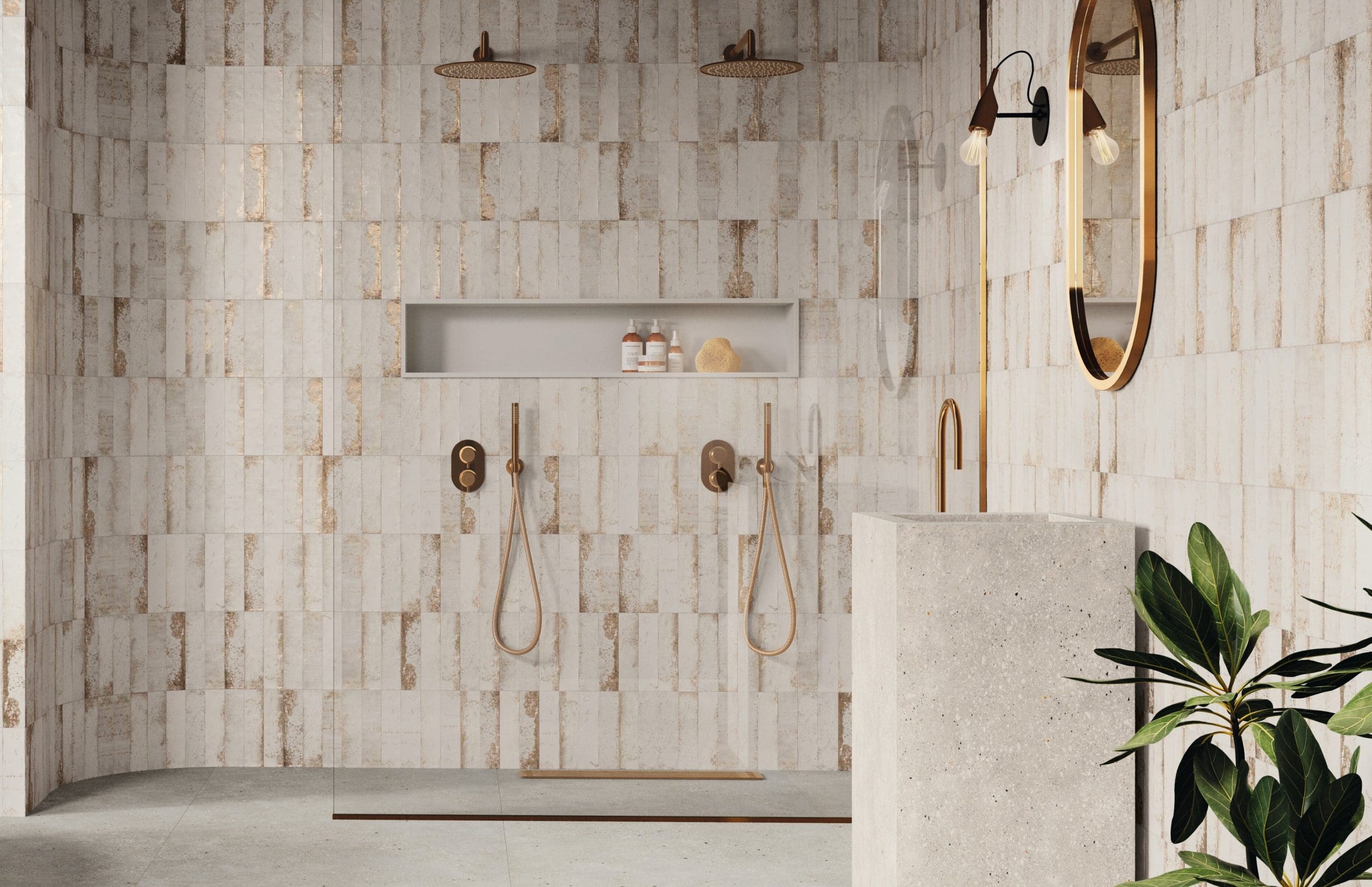 Magnetism White metallic-look matt ceramic wall tile 63x250mm installed as a contemporary feature wall with subtle metallic variation.