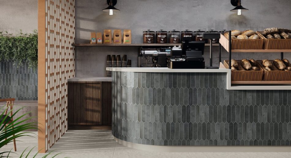 Picket Tile Contemporary Obsidian featured on a café counter and feature wall