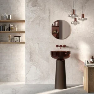Stone Valley Bianco porcelain tile installed in a modern bathroom interior