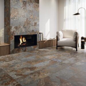Yukatan Verde Natural porcelain tile installed in a contemporary living room with fireplace
