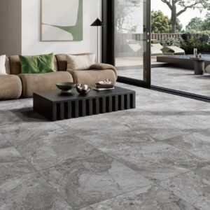 Dreamy Ocean porcelain tile installed in a contemporary indoor-outdoor living space