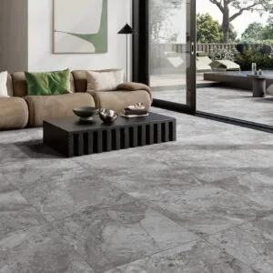 Dreamy Ocean porcelain tile installed in a contemporary indoor-outdoor living space