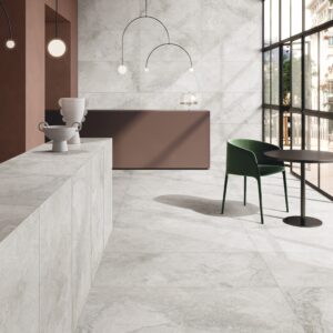 Mars Blanco stone look porcelain tile with soft limestone and concrete-inspired texture in light grey tones