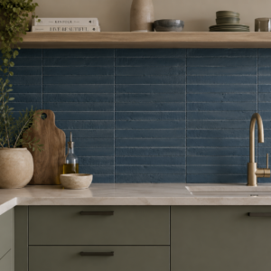 Brutalist Marine Matt 38x235mm handcrafted blue zellige-style matte wall tile kitchen splashback