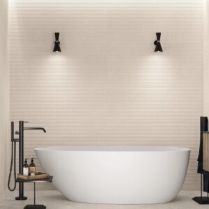 Impulse Almond 600x1200mm Spanish fluted matt ceramic wall tile for bathrooms, kitchens and feature walls