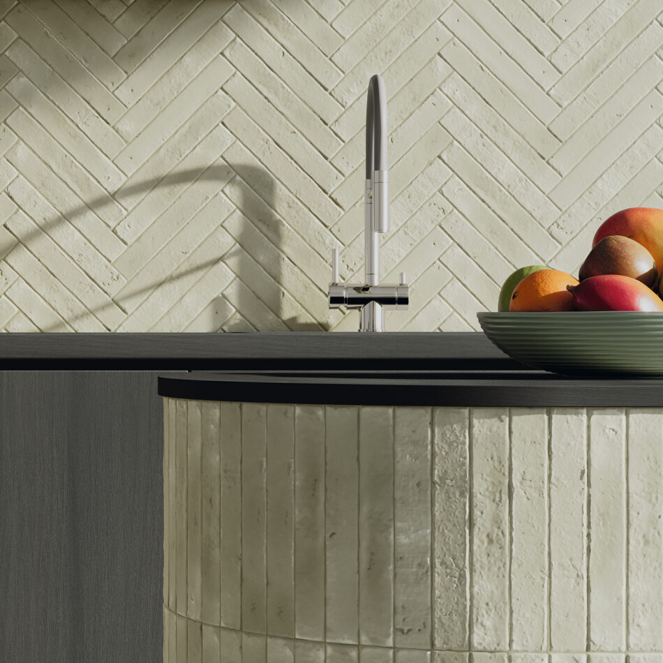 Brutalist Olive Matt 38x235mm handcrafted olive green zellige-style matte wall tile splashback