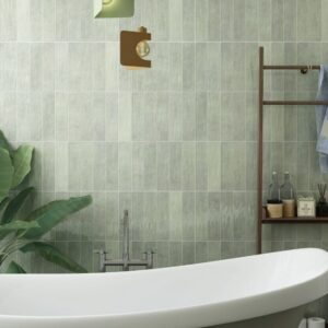 Malta Mineral Green Gloss 75x300mm handcrafted green ceramic subway wall tile for kitchen splashbacks and bathroom walls