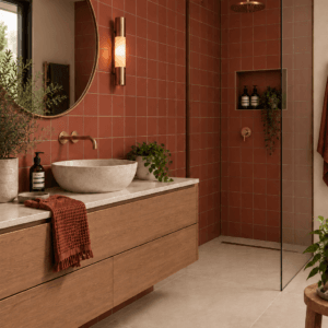 Suki Red 100x100mm and 48x48mm red tiles used on a kitchen splashback