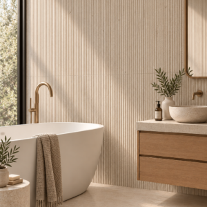 Luna Stone Grooved 600x1200mm porcelain tile with fine linear grooves and subtle stone speckling