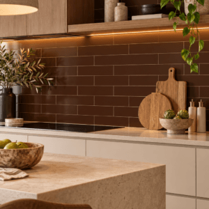 Maui Chocolate Matt Wall Tile 7.5 × 30cm in rich chocolate brown, ideal for kitchen splashbacks and bathroom walls.